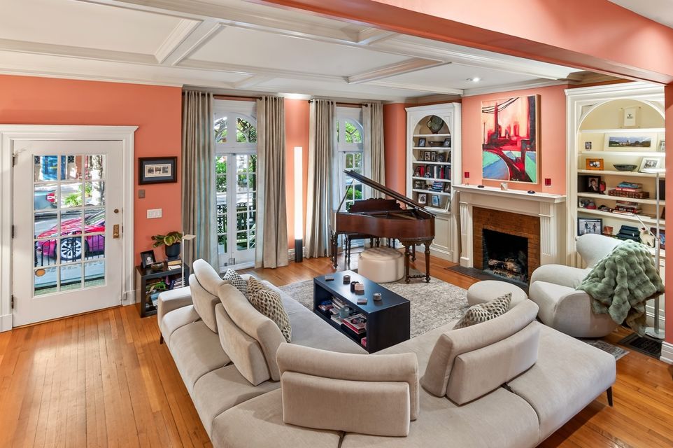 Living room with a grand piano, coffered ceiling and original fireplace, A Modern Take on the Fan, Richmond, Virginia