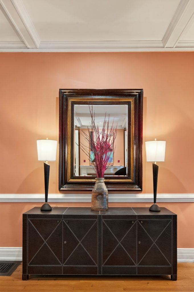 Framed artwork above a console with paired lamps, A Modern Take on the Fan, Richmond, Virginia